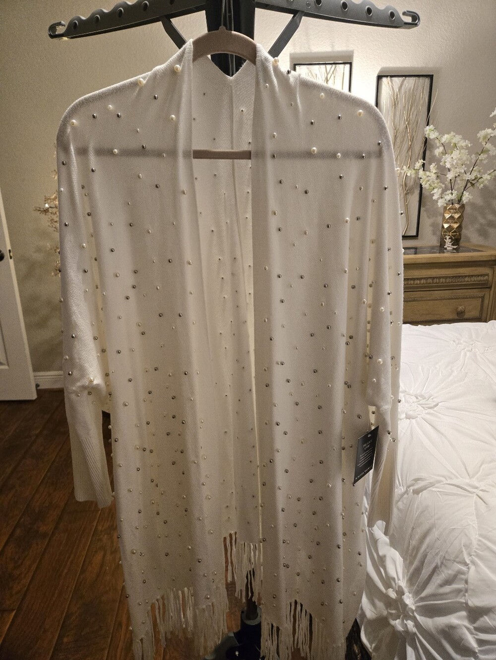 Boston Proper Pearl & Stud Embellished Cream Cardigan